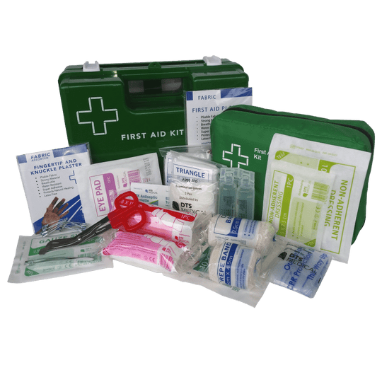 Workplace first aid kits with bags, boxes and refill supplies