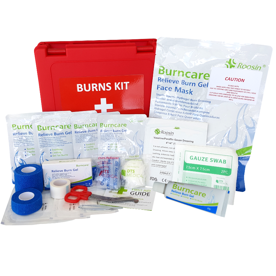 Essentials Burns First Aid Kit Red Plastic Wall Mount Box